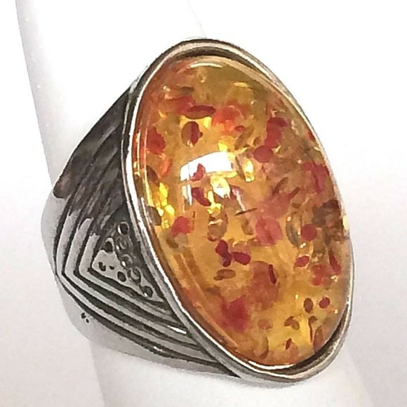 Silver Honey Amber Cocktail Ring Size 7 8 10 Yellow Orange Simulated Oval Cut - Picture 2 of 10
